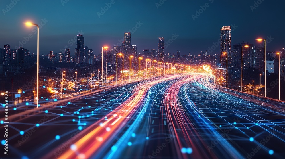 Poster smart city with abstract polygon pattern and speed light lines, big data connection technology conce