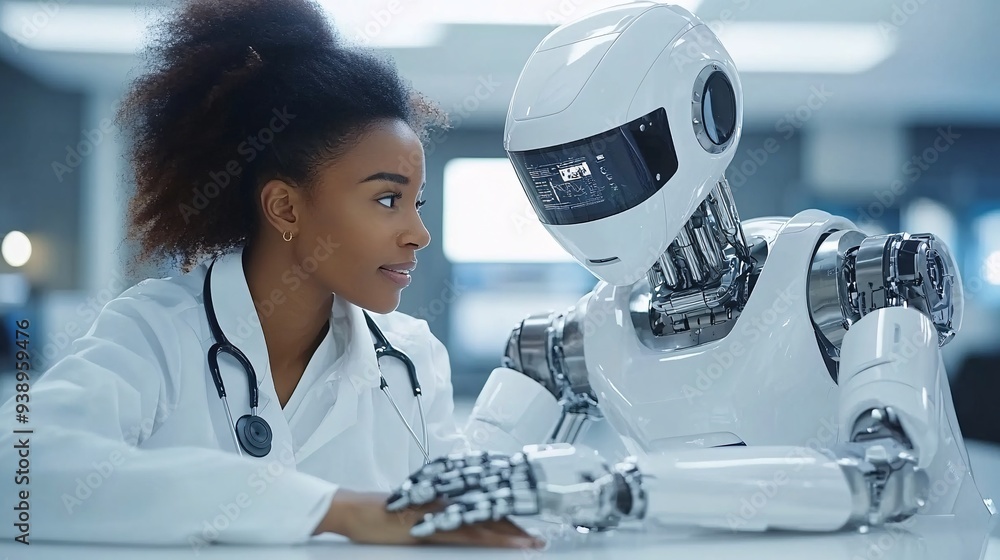 Poster a robotic medical assistant consulting with a patient in a high-tech clinic highlighting the role of