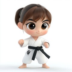 Cute cartoon girl karate fighter, large head, big eyes, friendly smile, chubby body, short limbs, vibrant colors, appealing to children, clear white background