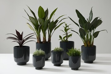 Nurturing Charcoal House Plants in Elegant Planters on a Bright Background