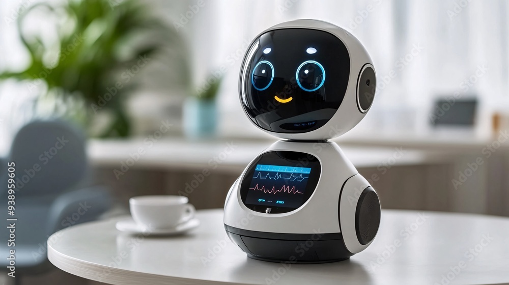 Poster A medical assistant android performing a patient check-up in a sleek modern clinic illustrating the seamless integration of robotics in personalized and efficient medical care Stock Photo with copy