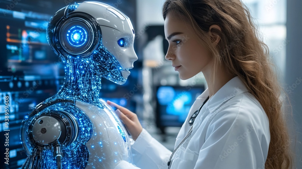 Aufkleber a medical robot in a white coat examining a patient with state-of-the-art diagnostic tools in a futu