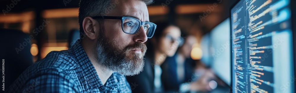 Poster a diverse team of it specialists focuses on data analysis related to ai cybersecurity threats