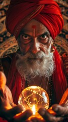 A mystic seer in vibrant red attire gazes intensely at a glowing crystal ball, surrounded by intricate patterns, evoking an aura of ancient wisdom and spirituality during an evening ceremony