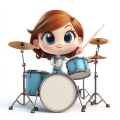 Fototapeta premium Cartoon Girl Drummer, vibrant 3D illustration featuring a cute girl with a large head, big eyes, friendly smile, chubby body, short limbs, set against a clear white background.