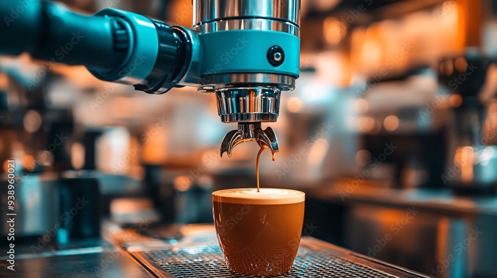 Poster a robotic barista in a stylish cafe preparing coffee with precision and efficiency symbolizing thefu