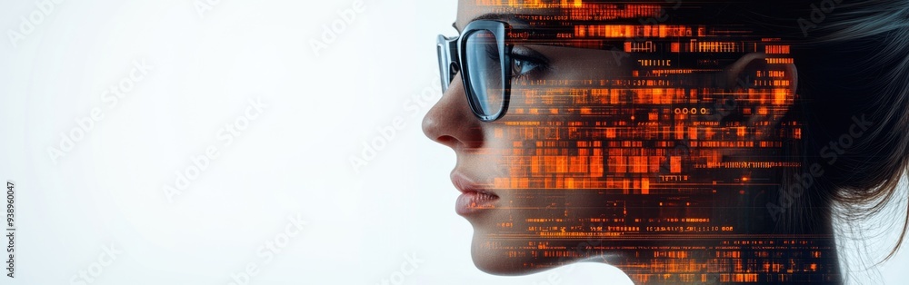 Poster a female it expert analyzes cybersecurity data using augmented reality technology