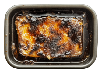 PNG Burnt casserole in black dish on counter
