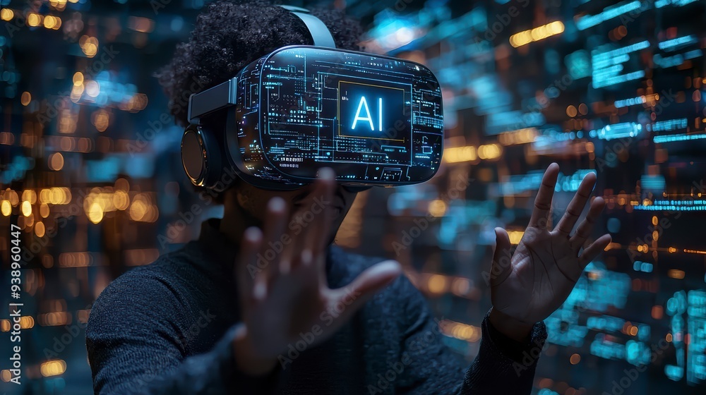 Poster a person in a vr headset interacts with ai and holograms, showing the use of technology in business