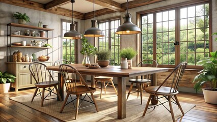 Rustic wooden table surrounded by metal chairs, vintage decorations, and natural light, creating a cozy and inviting atmosphere in a modern farmhouse dining room.