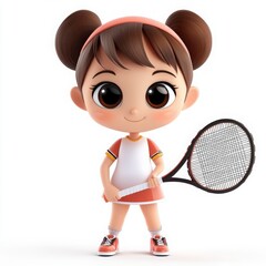 Playful Cartoon Tennis Player, a charming 3D illustration featuring a cute girl with a large head, big eyes, friendly smile, chubby body, and vibrant colors set against a clear white background.