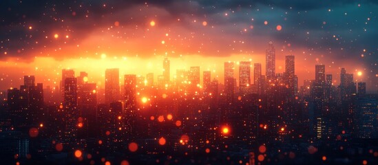 Cityscape at Sunset with Lights and Dust