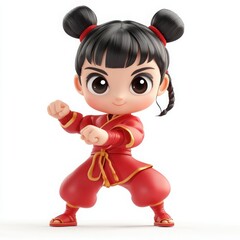 Cute cartoon girl Wushu fighter with large head and big eyes, friendly smile, chubby body and short limbs, vibrant design on clear white background, appealing to children