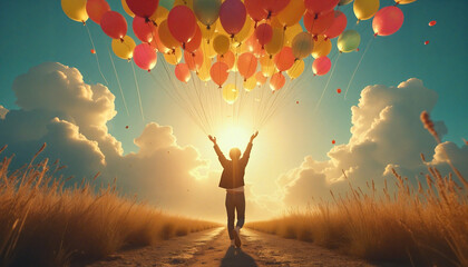silhouette of a person in a field release balloons into the air