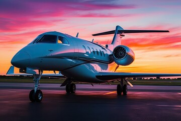 Fototapeta premium Right Angle Shot of a White Luxury Jet Against a Vibrant Sunset Background