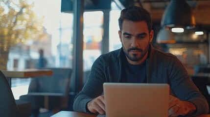 Obraz premium businessman working on a laptop in a modern office, focusing on e-commerce