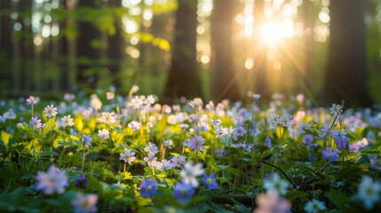 Obraz premium A tranquil forest at sunrise with wildflowers blooming