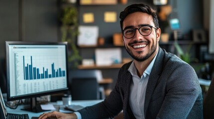 Fototapeta premium Hispanic businessman working on data analysis in a modern office, smiling at the camera, copy space