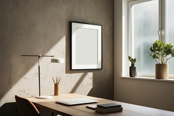 Vacant Picture Frame in Stylish Home Office with Textured Wall and Sunlight Streaming Through Window