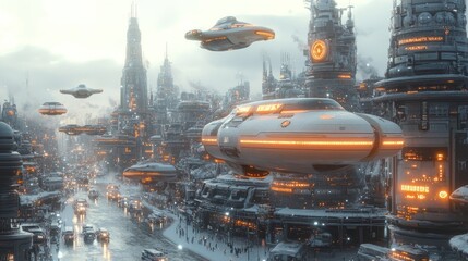 Futuristic Cityscape with Flying Vehicles