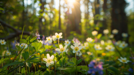 Obraz premium A tranquil forest at sunrise with wildflowers blooming