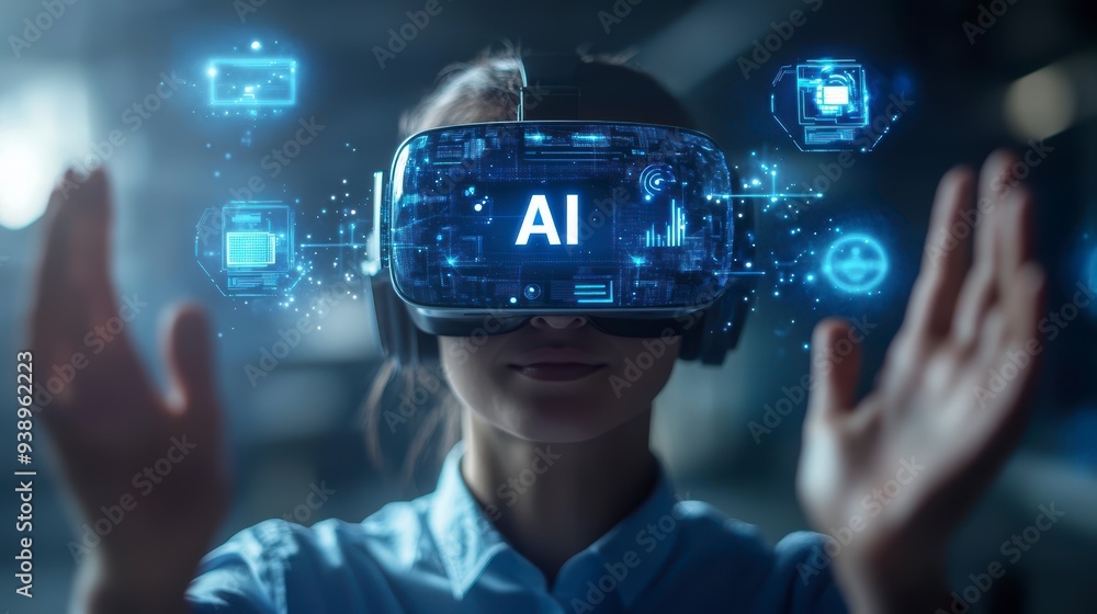 Poster a person in a vr headset interacts with ai and holograms, showing the use of technology in business