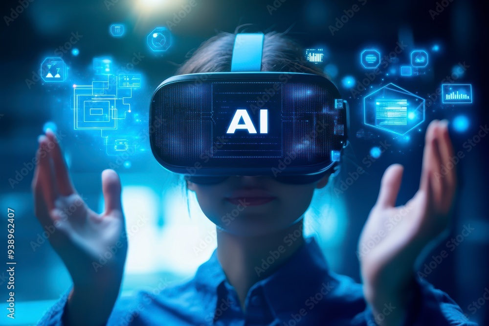 Poster a person in a vr headset interacts with ai and holograms, showing the use of technology in business