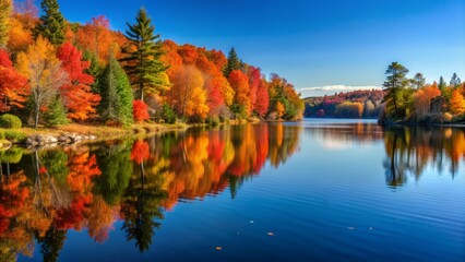 Serene autumn landscape in Ontario, Canada, featuring a tranquil lake surrounded by vibrant orange and red maple trees, set against a clear blue sky.