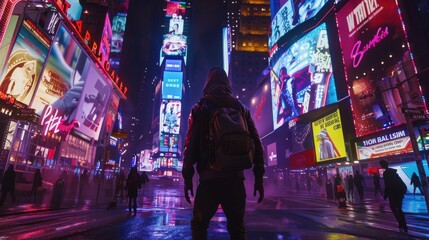 Naklejka premium Person standing in vibrant, illuminated cityscape at night, surrounded by bright billboards and neon lights in urban environment.