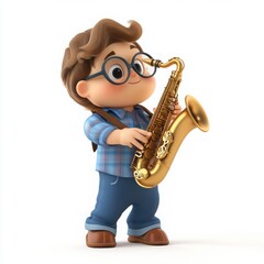 Charming Cartoon Saxophonist, a delightful 3D character with a large head and big eyes, exuding friendliness, designed to captivate children's imaginations on a clean white background