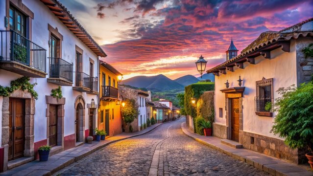 Serene dawn breaks over traditional adobe buildings and cobblestone streets in Mazamitla, a quaint Mexican town nestled in the Sierra Madre mountains.