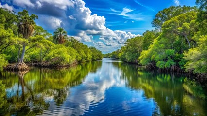 Fototapeta premium Serene Florida river scene featuring a tranquil waterway winding through lush green mangroves and cypress trees under a clear blue sky.