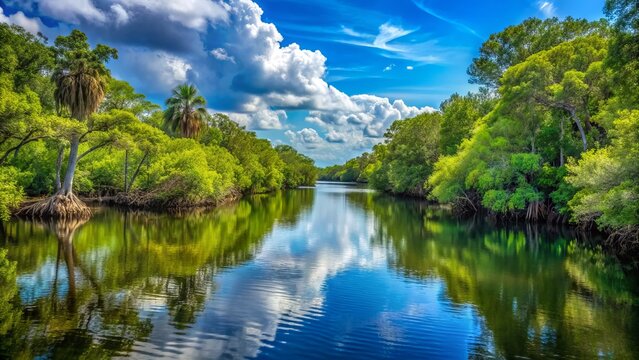 Serene Florida river scene featuring a tranquil waterway winding through lush green mangroves and cypress trees under a clear blue sky.