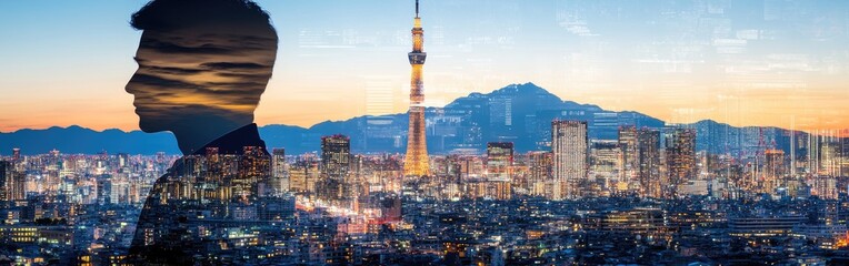 Obraz premium A man's profile silhouette merges with a vibrant city skyline during twilight