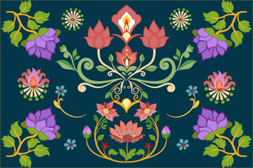 Classic Damask Seamless Pattern - Vector Illustration for Elegant Textile Design on blue background