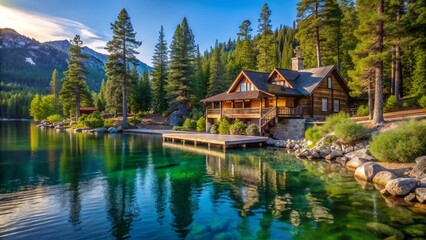 Fototapeta premium Serene lakefront property with a rustic wooden dock and tranquil mountainside scenery surrounding a cozy cabin-style house in Lake Tahoe, Nevada.