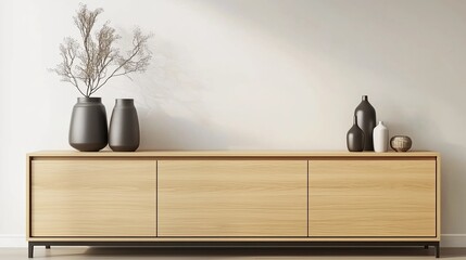 Modern Interior Featuring a Wooden Sideboard Against an Empty Wall with Copy Space for Design or Text, Rendered in a Minimalist Style with Photorealistic Detail