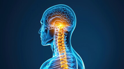 3D illustration of the human brain and spine, showcasing neural connections and anatomical details for medical or educational use.