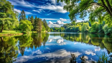 Serene lake scene with gentle water ripples reflecting surrounding greenery and trees, creating a sense of peacefulness and tranquility on a sunny day.