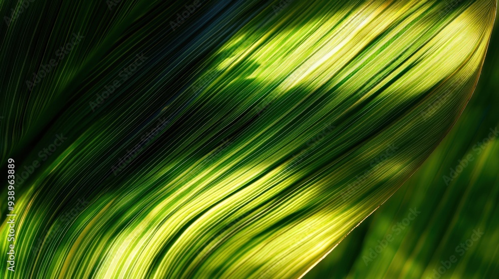 Poster Palm Leaf Texture with Sunlight Illuminating the Veins, Creating a Natural Abstract Pattern