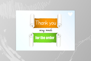 Original vector thank you card with torn, twisted strips of paper and bright orange-green inserts with text. 