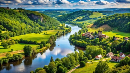 Serene landscape of rolling hills, lush green forests, and meandering rivers in the picturesque Haute-Loire region of France, evoking a sense of peaceful tranquility.