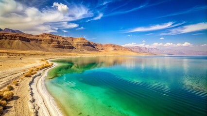 Serenely majestic landscape of the Dead Sea shoreline in Israel, featuring calm turquoise waters, sprawling beige sand, and distant Judean Desert mountains under a vibrant blue sky.