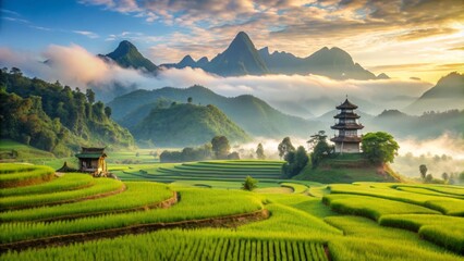 Obraz premium Serene morning mist rises above vibrant green rice paddies and traditional Asian pagodas in a picturesque rural landscape of rolling hills and distant mountains.