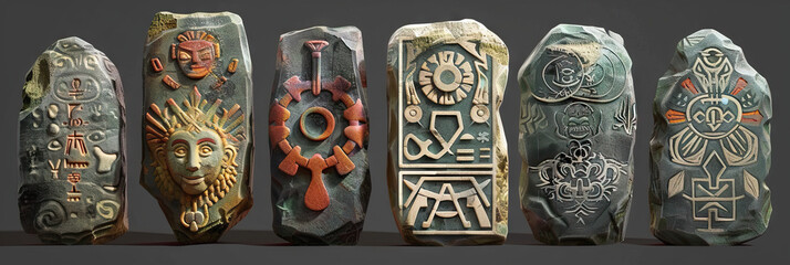 Fototapeta premium Ancient Artifacts of Wisdom: A collection of carved stones, each bearing intricate symbols and designs.