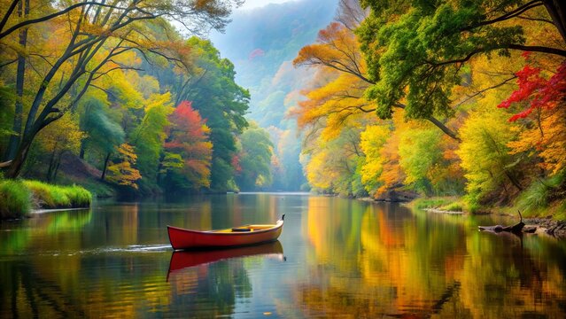 Serene morning scene of a canoe drifting down the calm Eno River, surrounded by lush green forest and vibrant fall foliage in North Carolina.