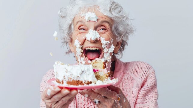  a 65 year old woman on a white background with a big smiling grin and birthday cake and frosting smashed on her face, woman is wearing a pink sweater and is holding the rest of the cake in her hands