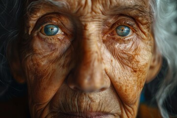 An elderly woman with deep wrinkles and blue eyes gazes intently, showing her rich experiences and resilience