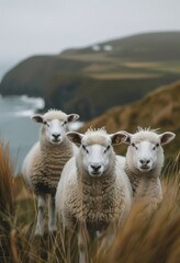 Fototapeta premium A group of sheep in the west of Ireland, with seas and hills in the background, white sheep, beautiful landscape