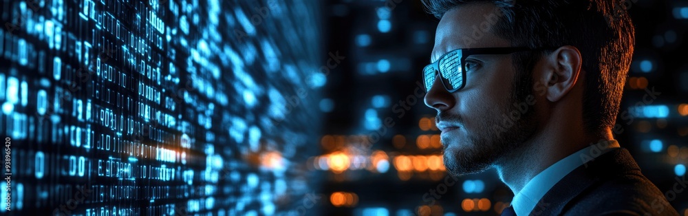 Poster an it specialist examines data in augmented reality while monitoring cyber security threats